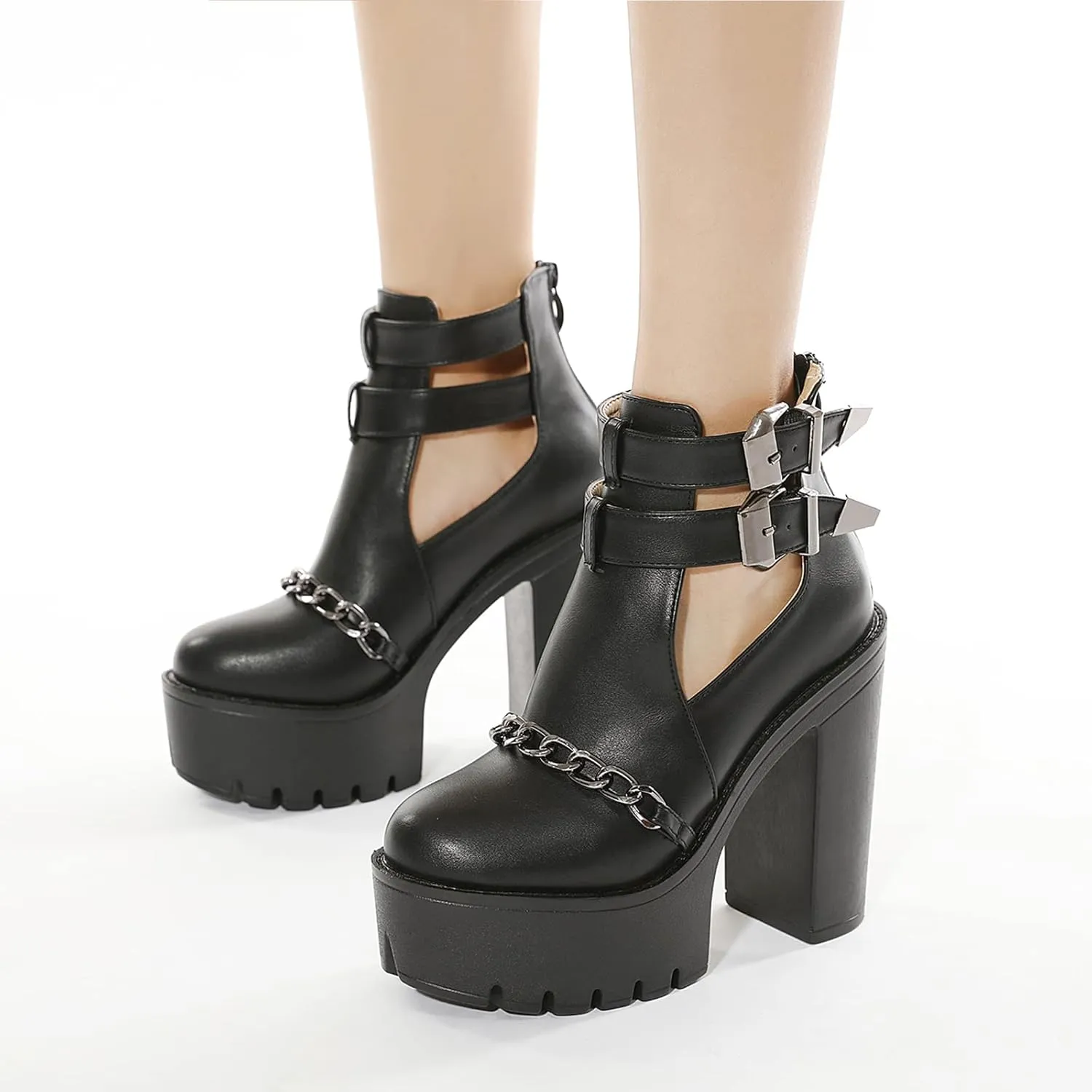Black High Heel Platform Boots for Women with Chain Chunky Heels Combat Boots Womens Ankle Buckle Strap and Zipper Goth Style Halloween Crossdressing Shoes for a Concert Party