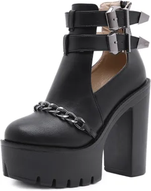 Black High Heel Platform Boots for Women with Chain Chunky Heels Combat Boots Womens Ankle Buckle Strap and Zipper Goth Style Halloween Crossdressing Shoes for a Concert Party