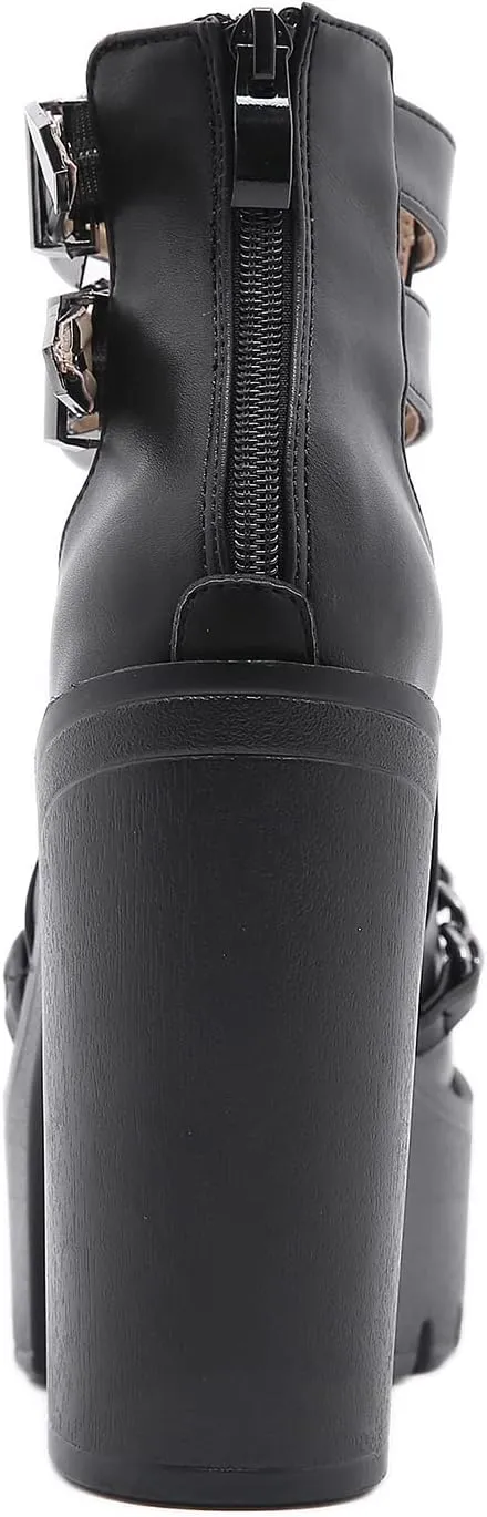 Black High Heel Platform Boots for Women with Chain Chunky Heels Combat Boots Womens Ankle Buckle Strap and Zipper Goth Style Halloween Crossdressing Shoes for a Concert Party