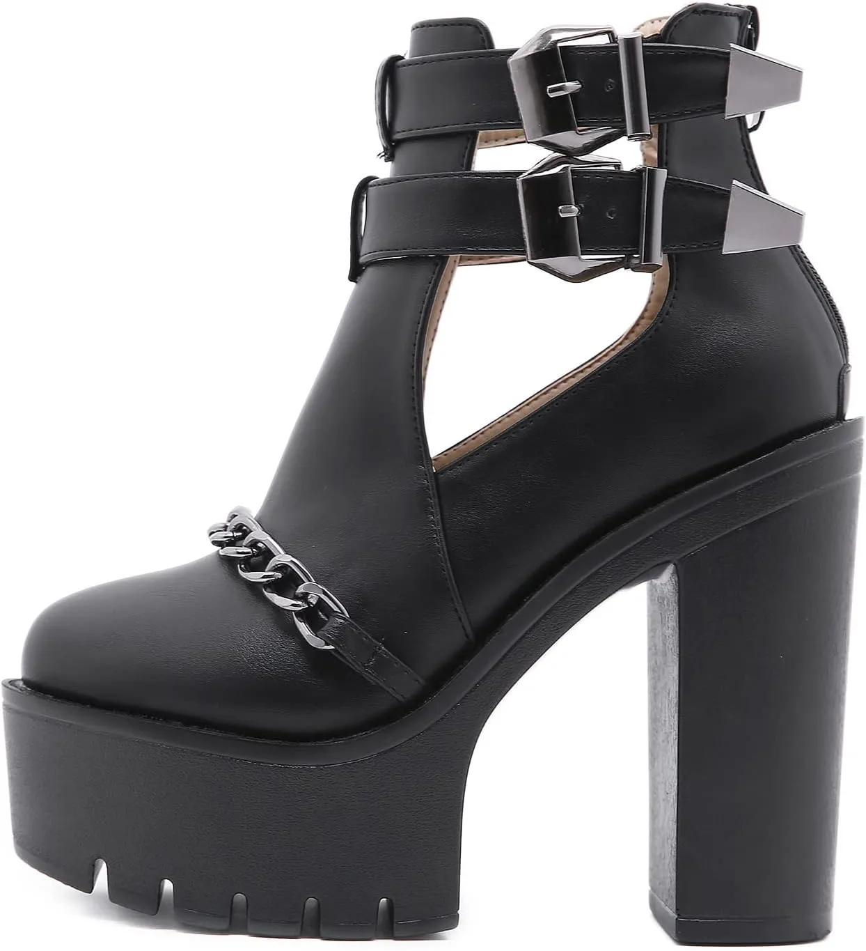 Black High Heel Platform Boots for Women with Chain Chunky Heels Combat Boots Womens Ankle Buckle Strap and Zipper Goth Style Halloween Crossdressing Shoes for a Concert Party