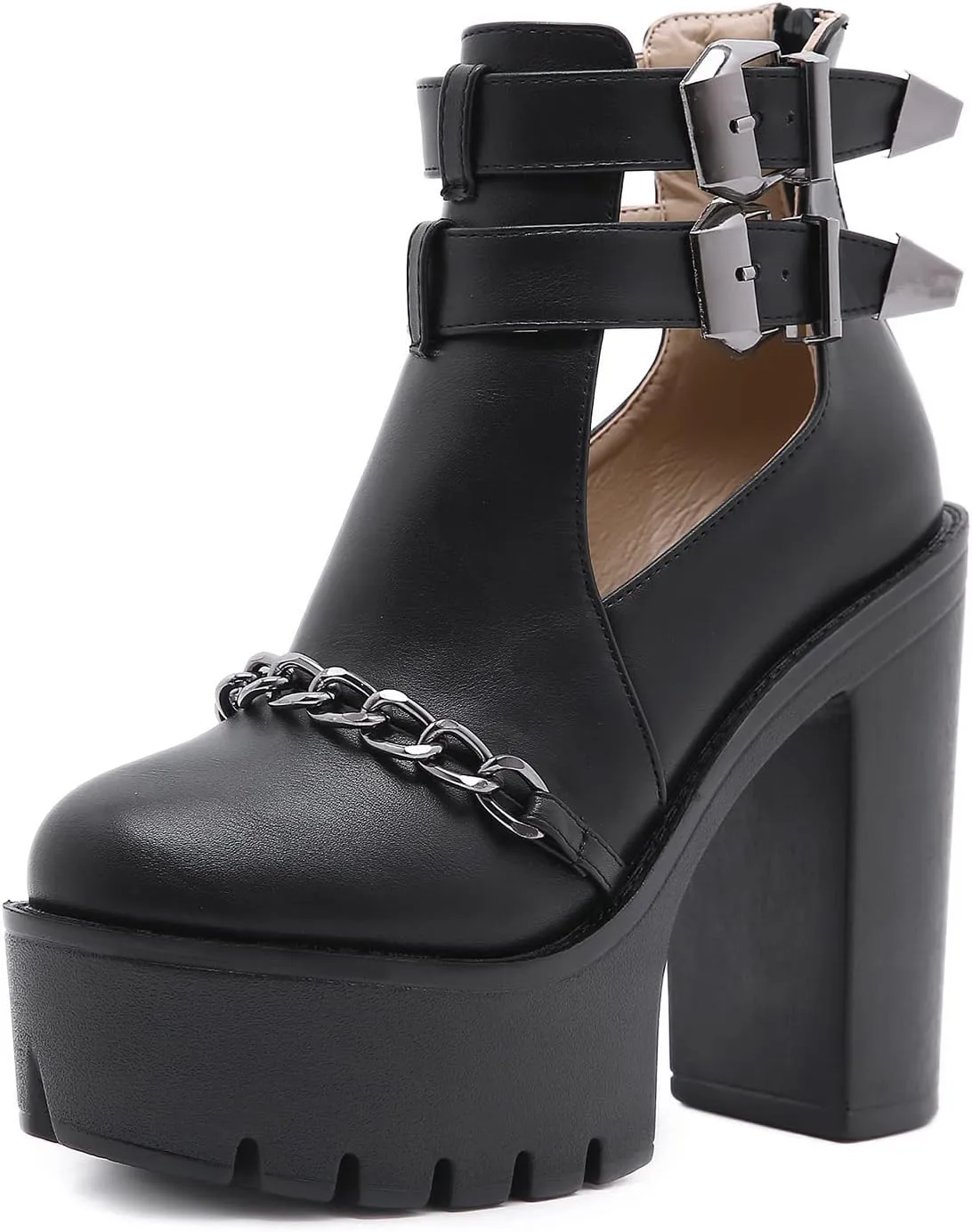 Black High Heel Platform Boots for Women with Chain Chunky Heels Combat Boots Womens Ankle Buckle Strap and Zipper Goth Style Halloween Crossdressing Shoes for a Concert Party