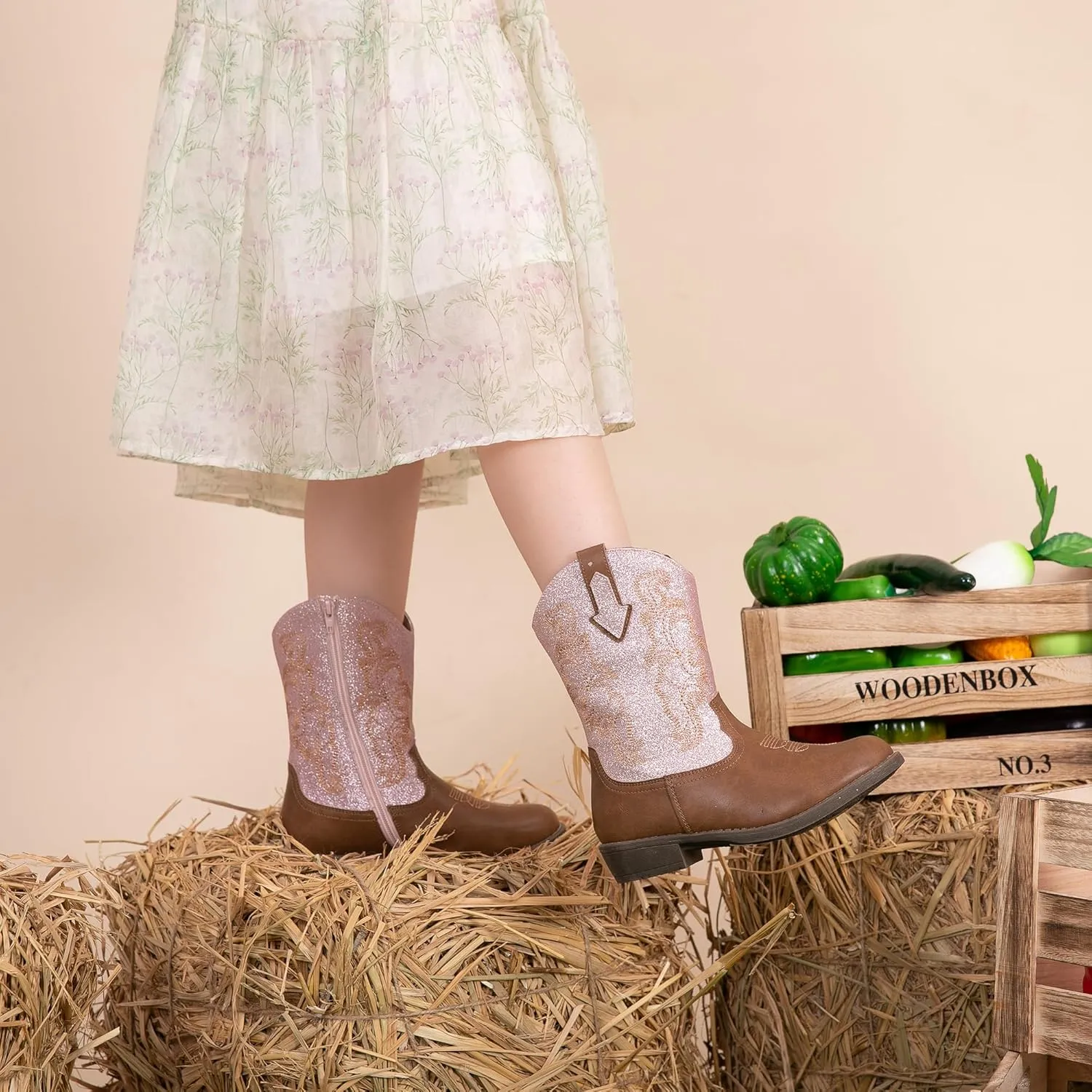 Blikcon Kids Cowboy Boots Girls Mid Calf Western Cowgirl Boots Side Zipper (Toddler/Little Kid/Big Kid)