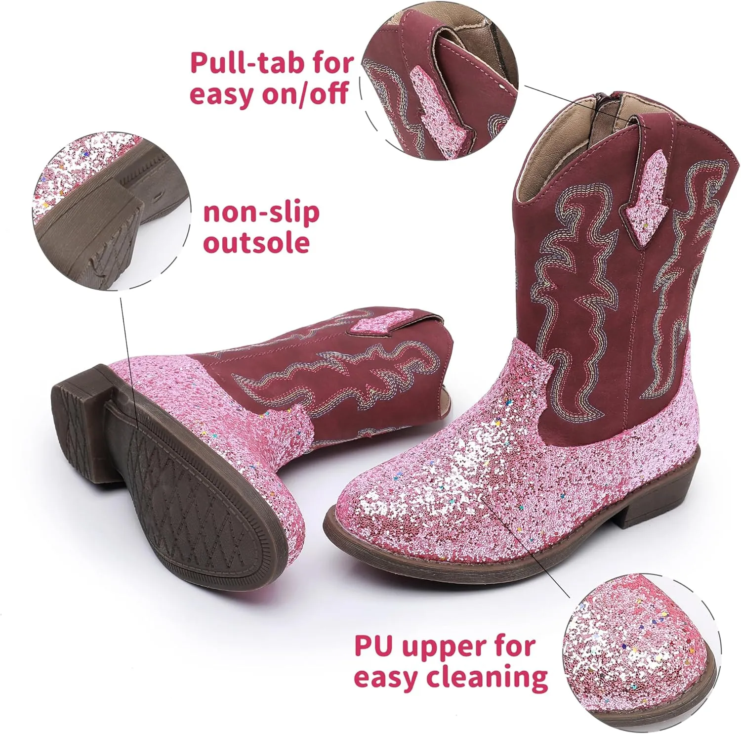 Blikcon Kids Cowboy Boots Girls Mid Calf Western Cowgirl Boots Side Zipper (Toddler/Little Kid/Big Kid)