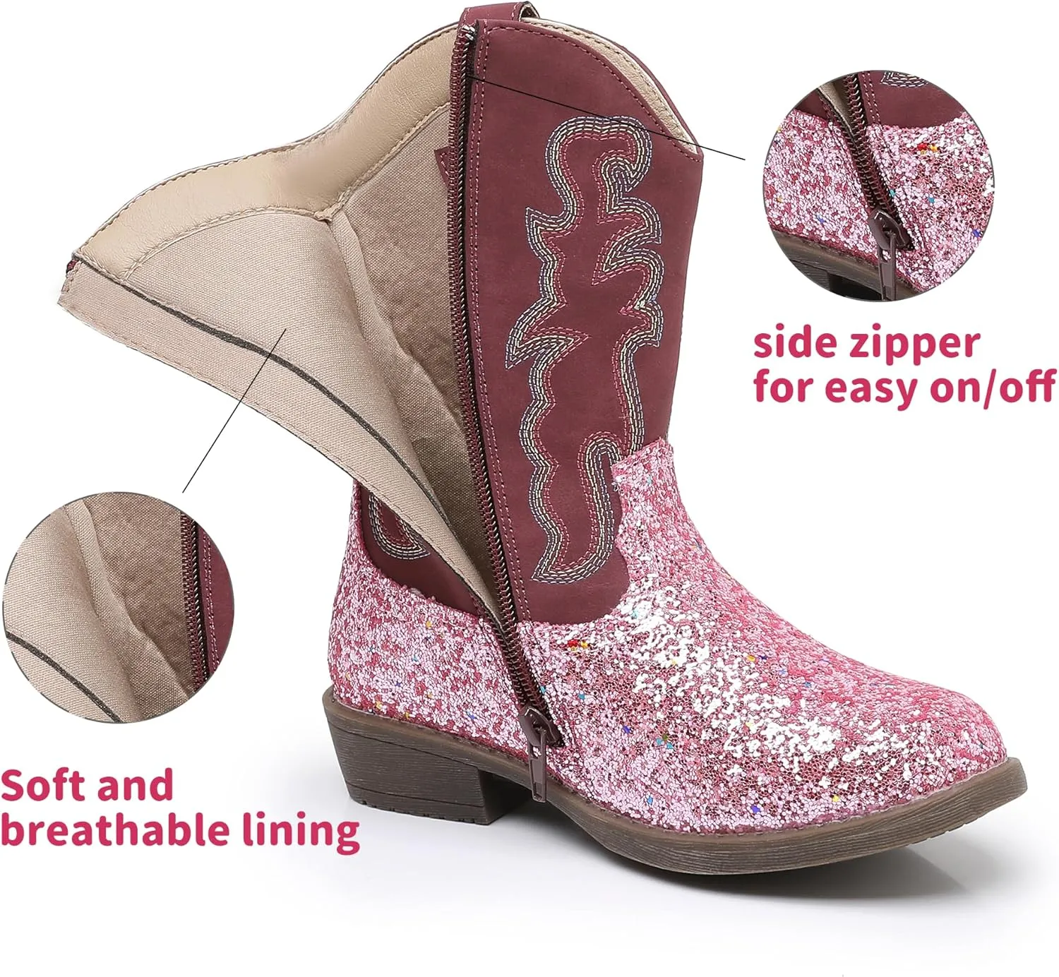 Blikcon Kids Cowboy Boots Girls Mid Calf Western Cowgirl Boots Side Zipper (Toddler/Little Kid/Big Kid)