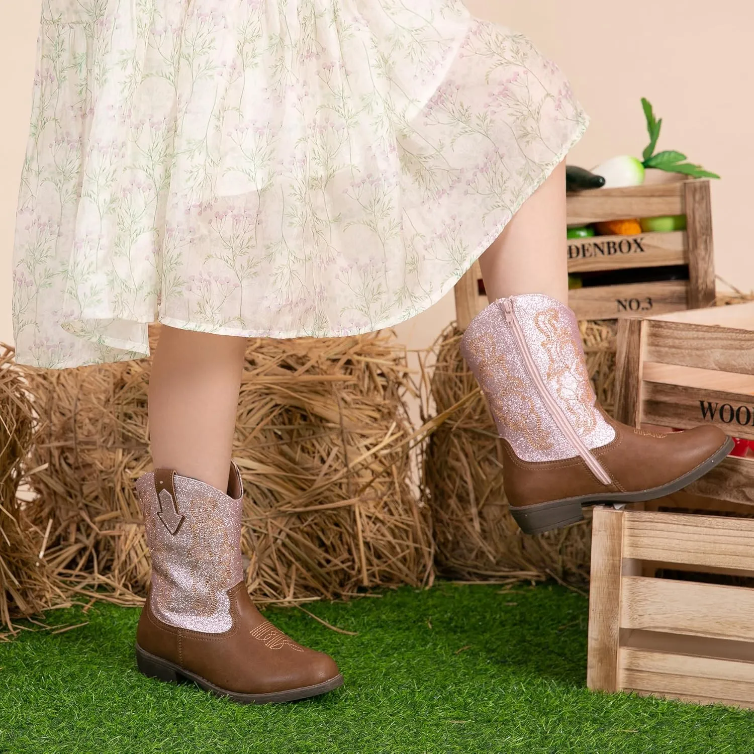 Blikcon Kids Cowboy Boots Girls Mid Calf Western Cowgirl Boots Side Zipper (Toddler/Little Kid/Big Kid)