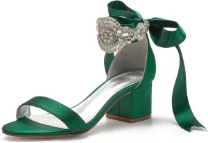 Block Heels Bride Wedding Pumps Bowknot Strap Bride Pumps Bridal Shoes Beaded Ankle Satin Sandals Open Toe Dress Evening Comfortable,Dark green,11