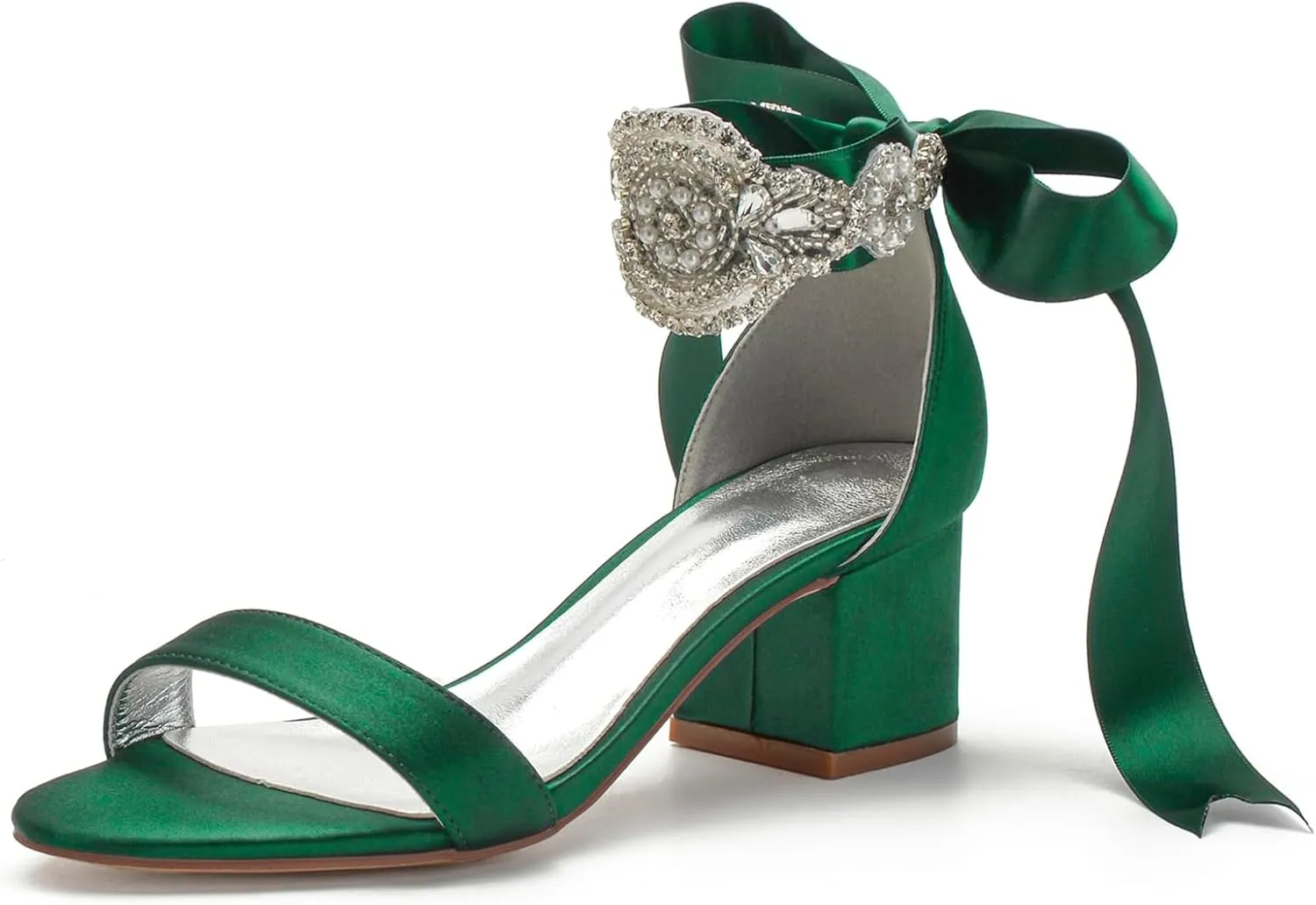 Block Heels Bride Wedding Pumps Bowknot Strap Bride Pumps Bridal Shoes Beaded Ankle Satin Sandals Open Toe Dress Evening Comfortable,Dark green,9