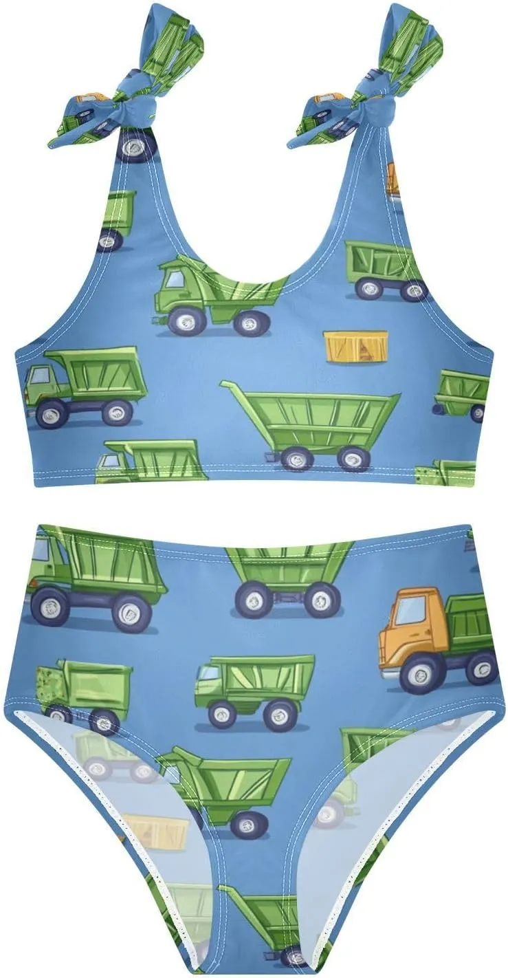 Boccsty Green Construction Garbage Trucks Girls Tankini Swimsuit Kids Bikini Sets 2 Pcs Bathing Suit for 3T