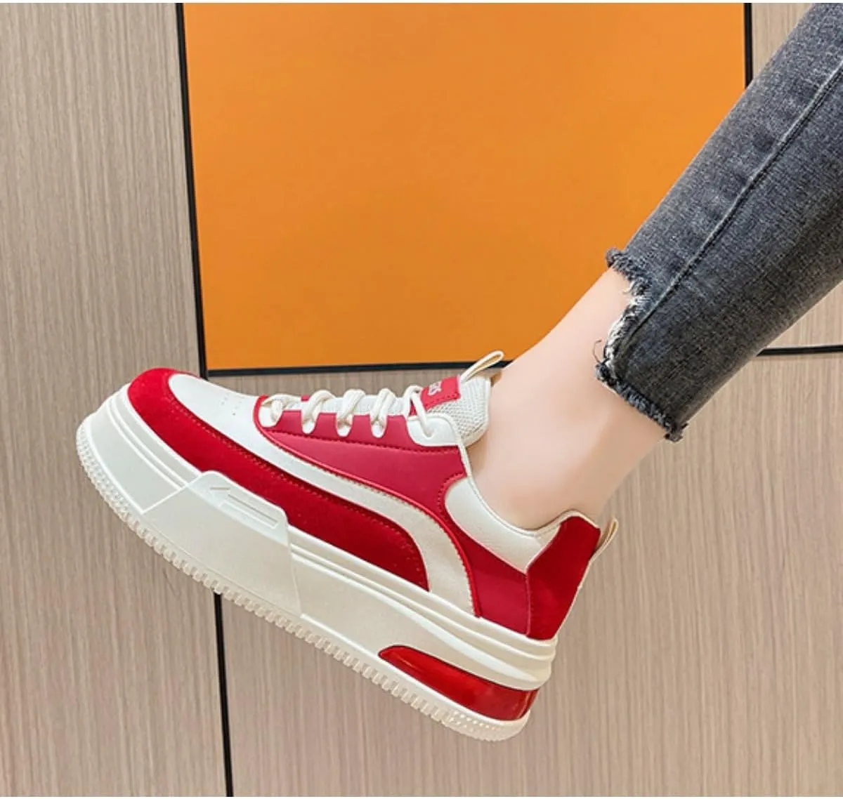 Bold Chunky Trendy Sneakers for Women – Retro Color Block Kicks with All-Day Comfort – Elevate Your Casual Style in Red, Black, or Beige