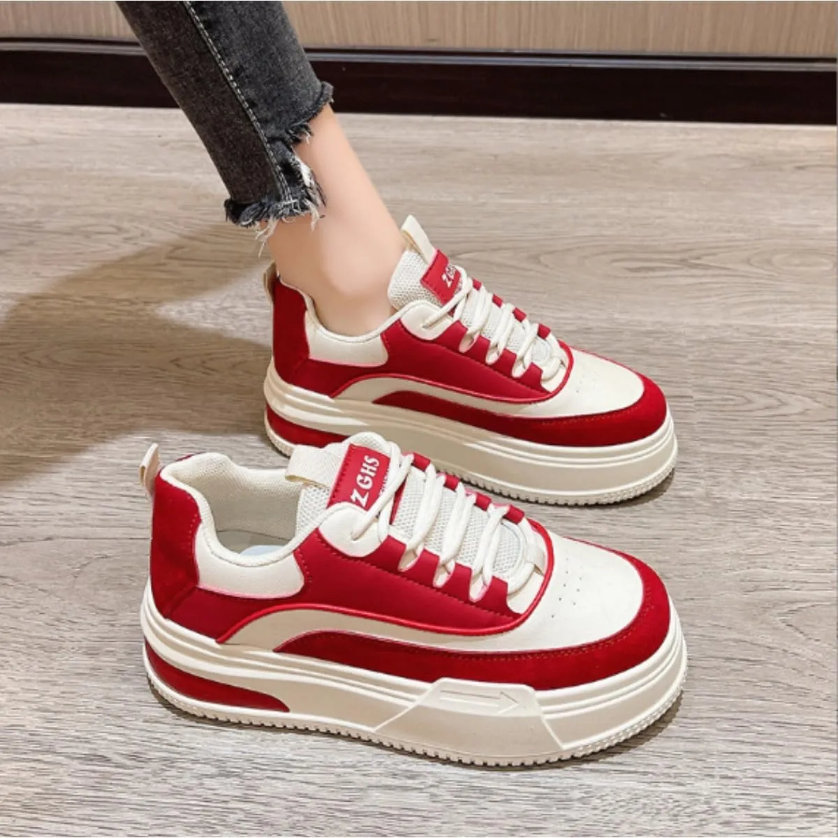 Bold Chunky Trendy Sneakers for Women – Retro Color Block Kicks with All-Day Comfort – Elevate Your Casual Style in Red, Black, or Beige