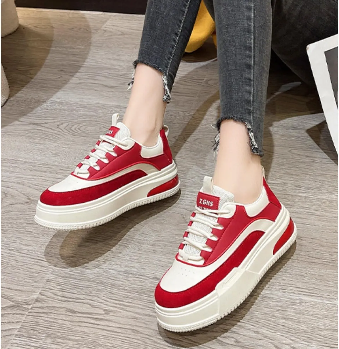 Bold Chunky Trendy Sneakers for Women – Retro Color Block Kicks with All-Day Comfort – Elevate Your Casual Style in Red, Black, or Beige