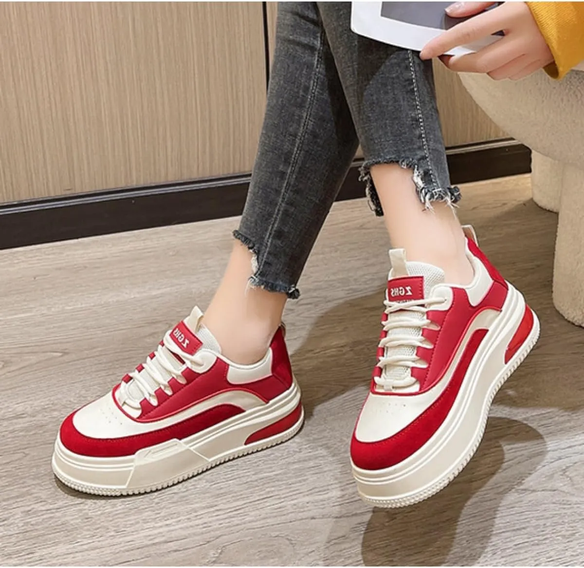 Bold Chunky Trendy Sneakers for Women – Retro Color Block Kicks with All-Day Comfort – Elevate Your Casual Style in Red, Black, or Beige