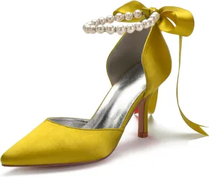 Bridal Pointed Toe 8CM Sandal High Heels Closed Toe Stiletto Women's Satin Wedding Shoes Beaded Bowknot Strap Pump Elegant Formal,Yellow,9