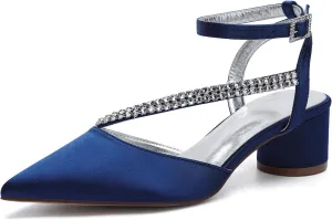 Bridal Shoes Low Heel Rhinestones Satin Strappy Wedding Shoes 4.5CM Pointed Closed Toe Women Party Ankle Strap Sandals Pumps for Prom,Dark blue,7