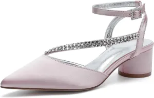 Bridal Shoes Low Heel Rhinestones Satin Strappy Wedding Shoes 4.5CM Pointed Closed Toe Women Party Ankle Strap Sandals Pumps for Prom,Dusty rose,9