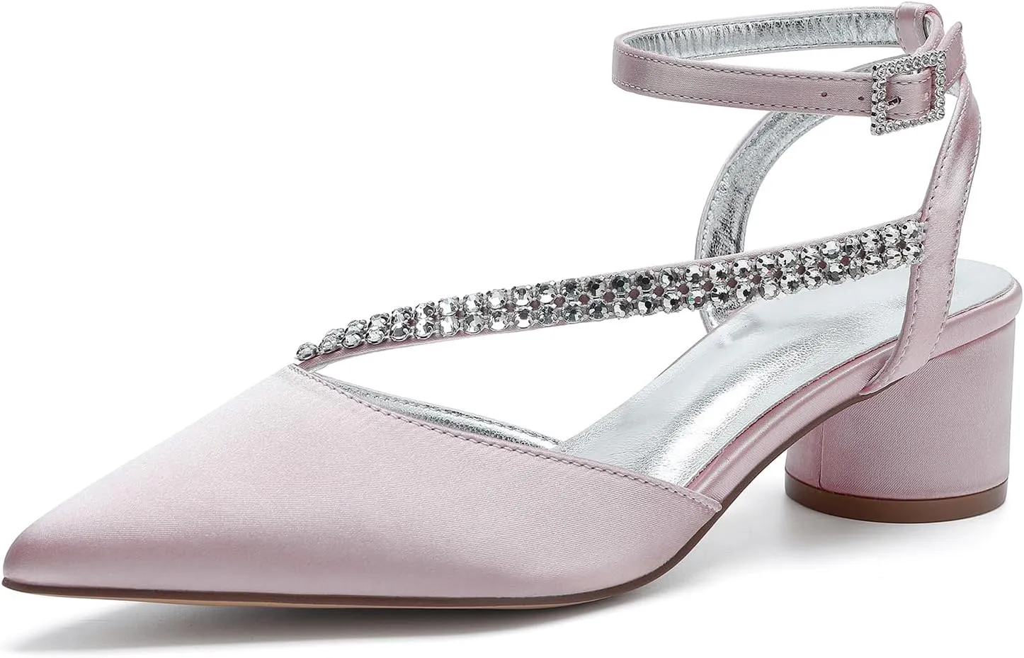 Bridal Shoes Low Heel Rhinestones Satin Strappy Wedding Shoes 4.5CM Pointed Closed Toe Women Party Ankle Strap Sandals Pumps for Prom,Dusty rose,9