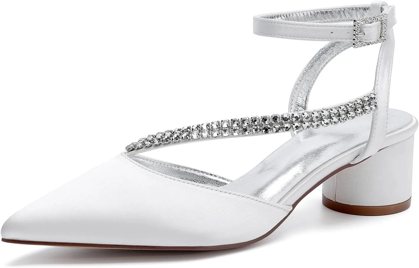 Bridal Shoes Low Heel Rhinestones Satin Strappy Wedding Shoes 4.5CM Pointed Closed Toe Women Party Ankle Strap Sandals Pumps for Prom,Ivory,11