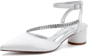 Bridal Shoes Low Heel Rhinestones Satin Strappy Wedding Shoes 4.5CM Pointed Closed Toe Women Party Ankle Strap Sandals Pumps for Prom,Ivory,11