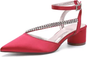 Bridal Shoes Low Heel Rhinestones Satin Strappy Wedding Shoes 4.5CM Pointed Closed Toe Women Party Ankle Strap Sandals Pumps for Prom,Red,10