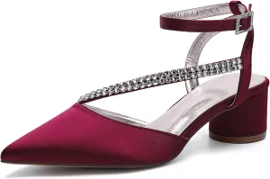Bridal Shoes Low Heel Rhinestones Satin Strappy Wedding Shoes 4.5CM Pointed Closed Toe Women Party Ankle Strap Sandals Pumps for Prom,Wine red,7