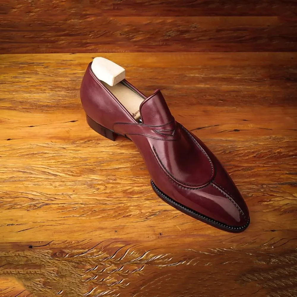 Brown Shiny Round Toe Slip-On Loafers