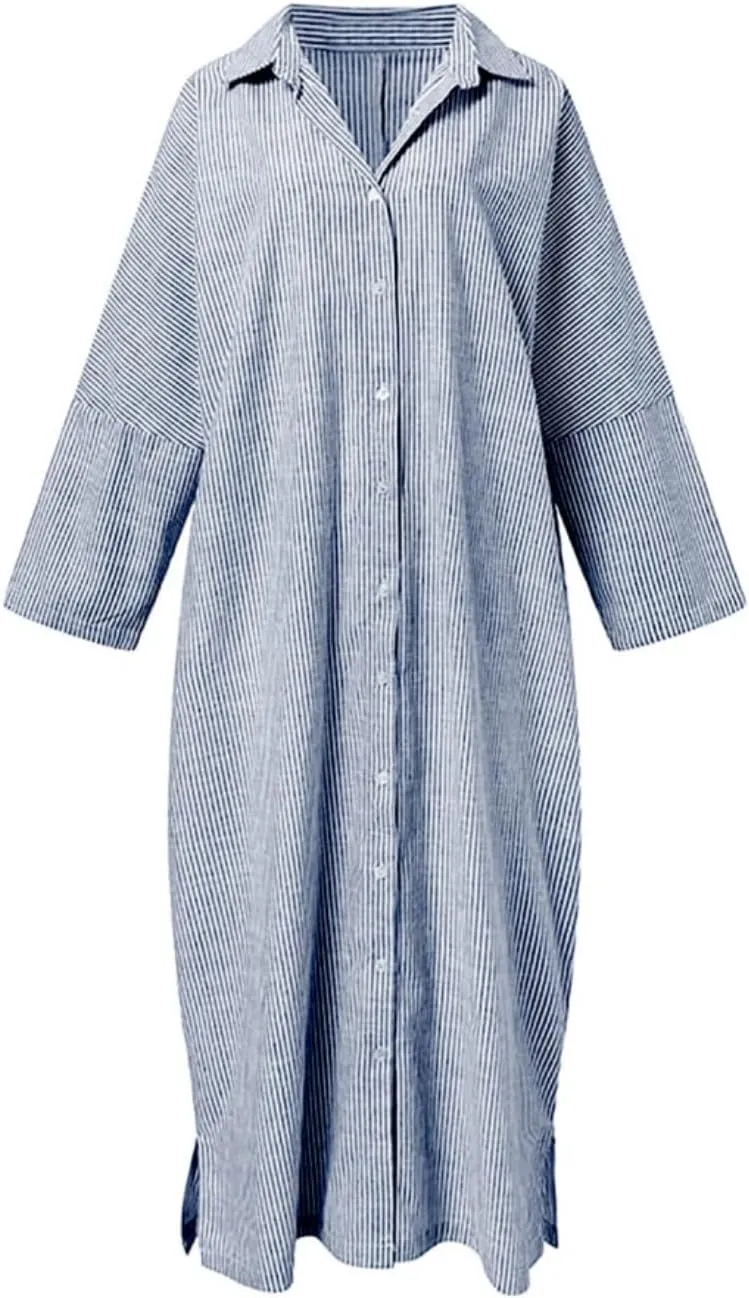Button Down Shirt Dress for Womens Cotton Linen Long Sleeve Maxi Dress Striped Casual Loose Fit Dress with Pockets