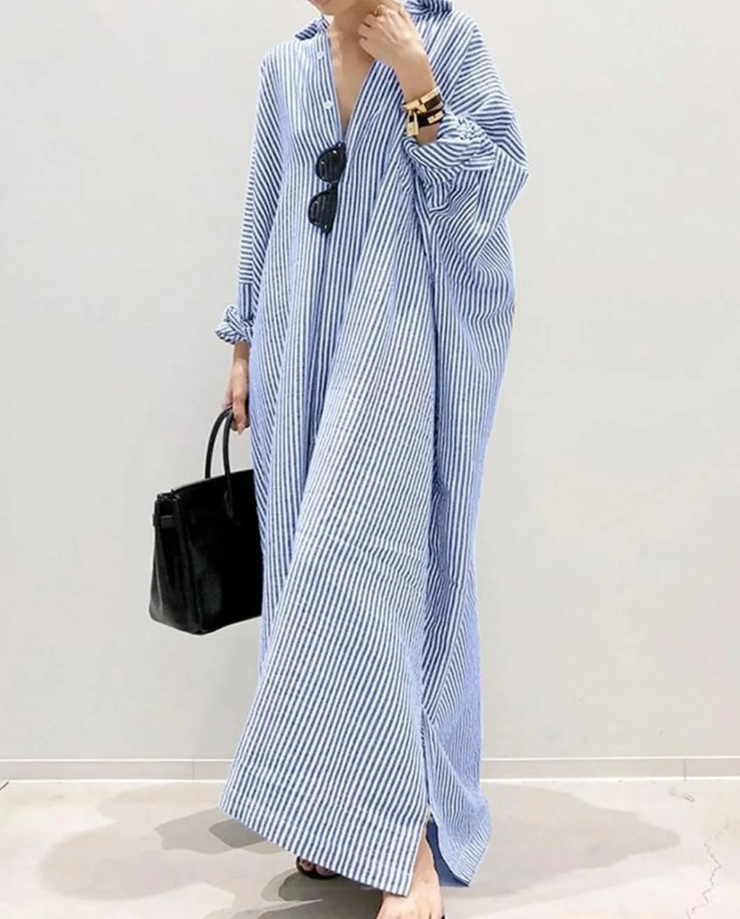 Button Down Shirt Dress for Womens Cotton Linen Long Sleeve Maxi Dress Striped Casual Loose Fit Dress with Pockets