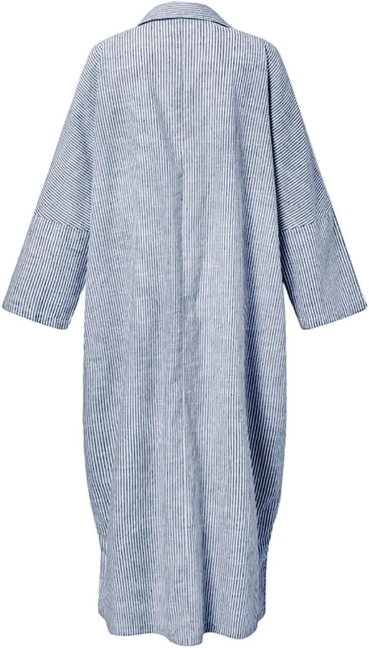 Button Down Shirt Dress for Womens Cotton Linen Long Sleeve Maxi Dress Striped Casual Loose Fit Dress with Pockets