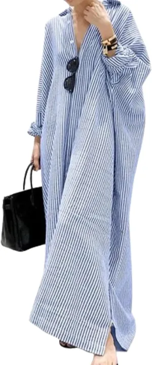 Button Down Shirt Dress for Womens Cotton Linen Long Sleeve Maxi Dress Striped Casual Loose Fit Dress with Pockets