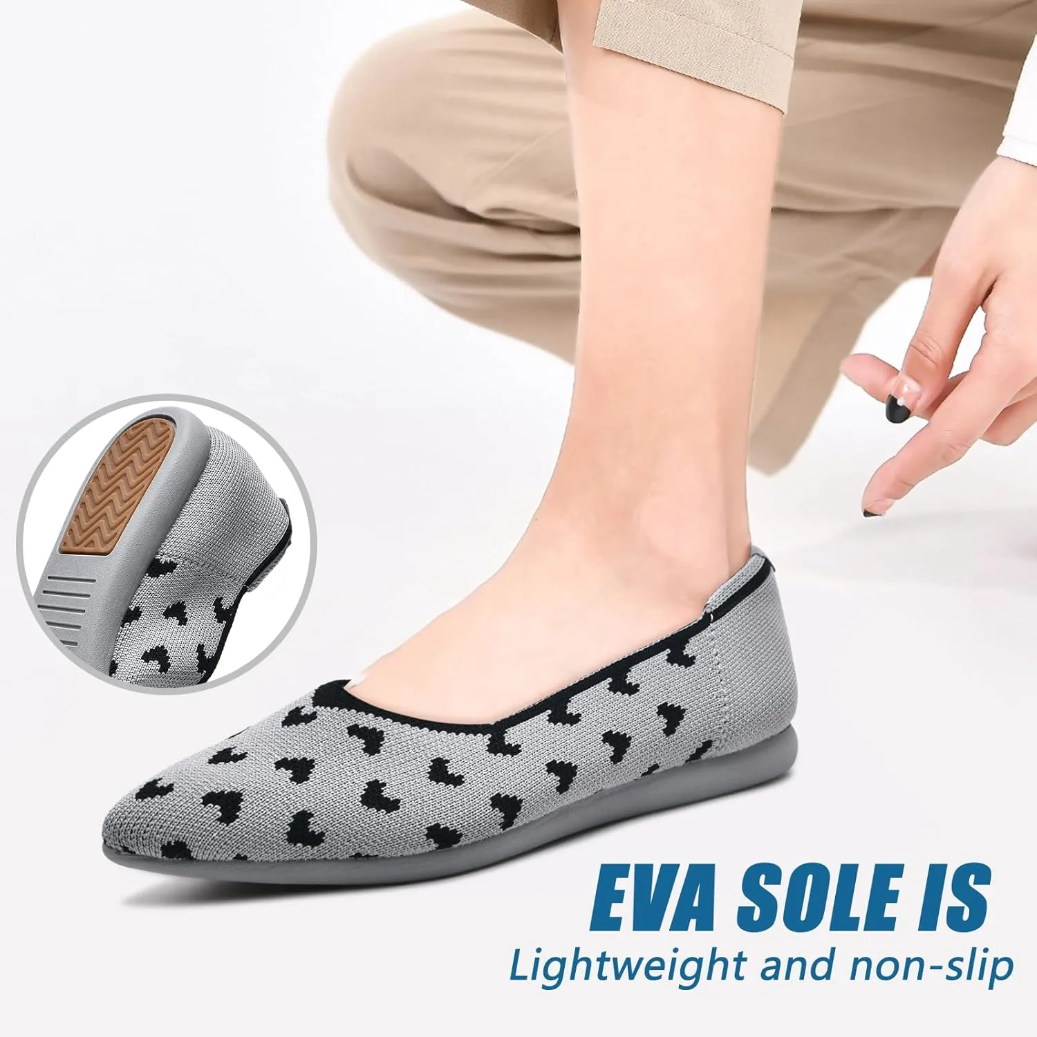 Buyrew Women's Flats Pointed Toe Ballet Shoes Knit Dress Shoes Low Wedge Slip On Arch Support Walking Office Business Flats