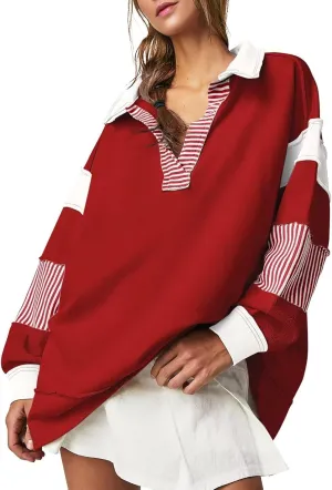 BWQ Oversized Sweatshirt for Women Casual Color Block Long Sleeve V Neck Striped Loose Pullover Tops Fall Outfits