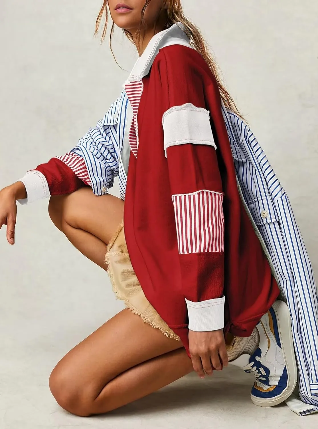 BWQ Oversized Sweatshirt for Women Casual Color Block Long Sleeve V Neck Striped Loose Pullover Tops Fall Outfits
