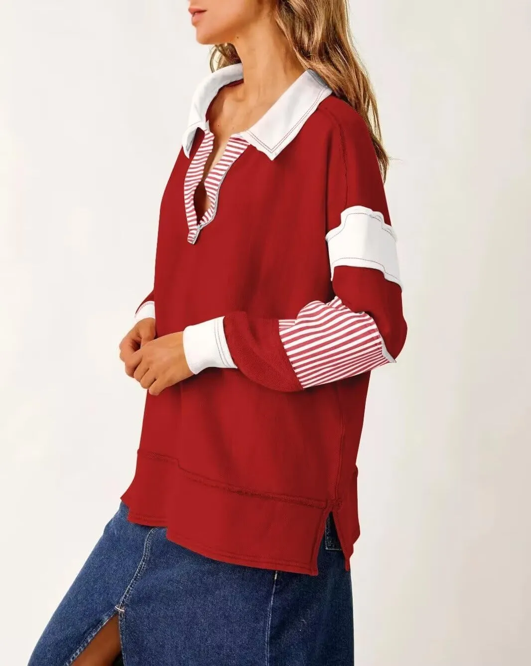 BWQ Oversized Sweatshirt for Women Casual Color Block Long Sleeve V Neck Striped Loose Pullover Tops Fall Outfits
