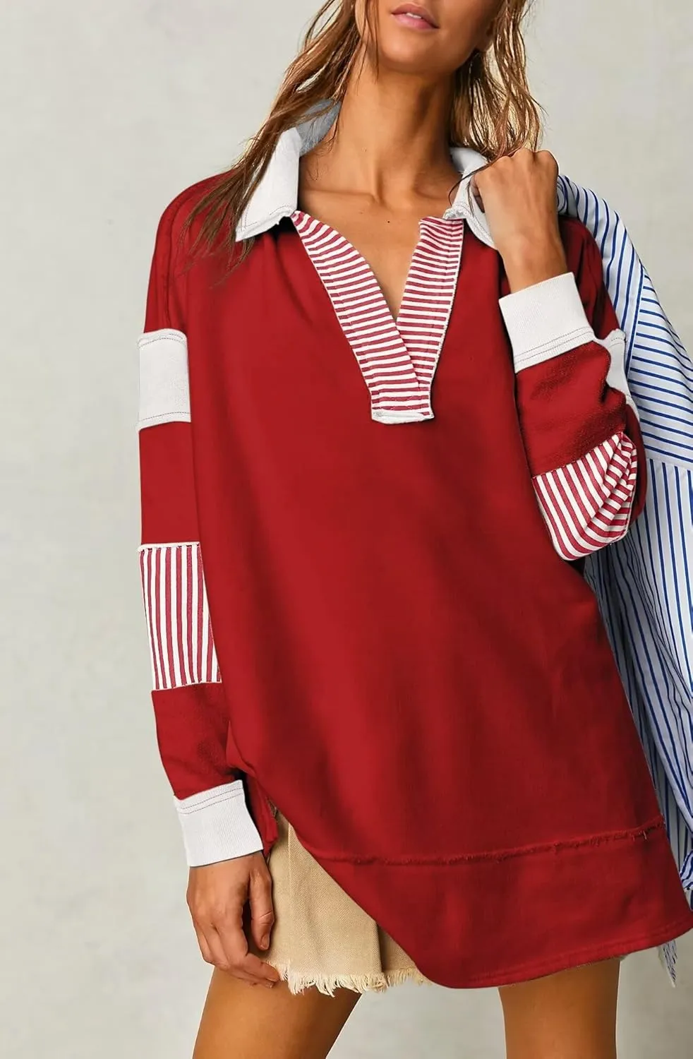 BWQ Oversized Sweatshirt for Women Casual Color Block Long Sleeve V Neck Striped Loose Pullover Tops Fall Outfits