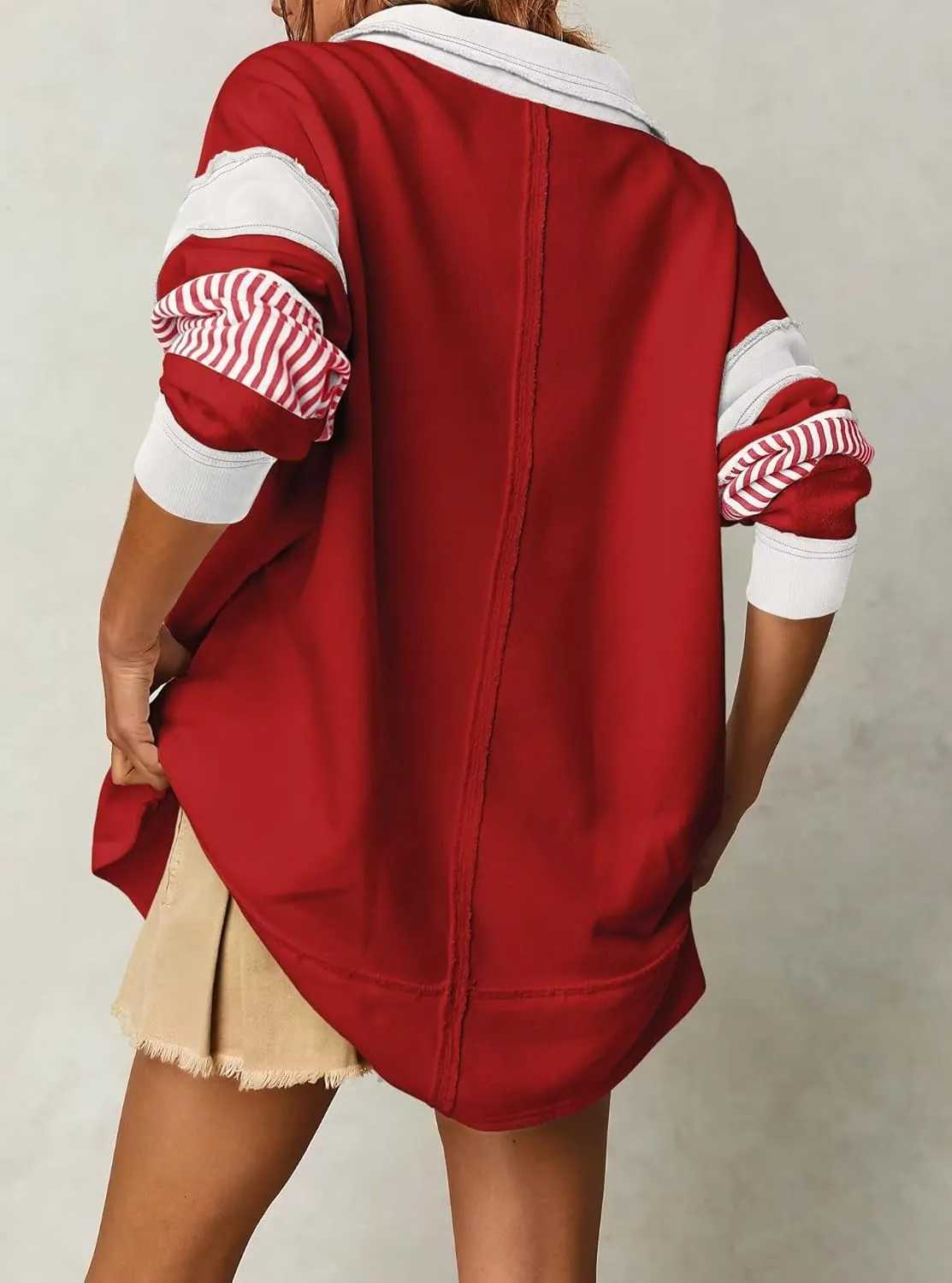 BWQ Oversized Sweatshirt for Women Casual Color Block Long Sleeve V Neck Striped Loose Pullover Tops Fall Outfits