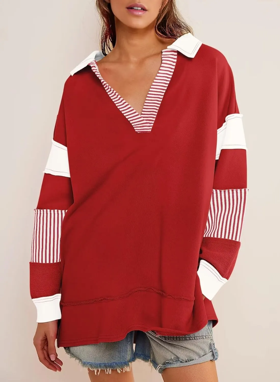 BWQ Oversized Sweatshirt for Women Casual Color Block Long Sleeve V Neck Striped Loose Pullover Tops Fall Outfits