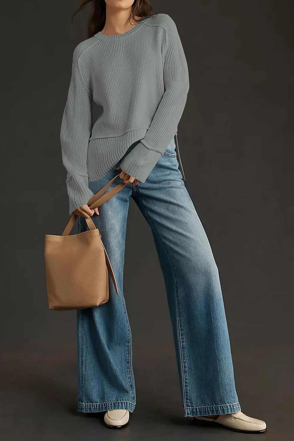 Cakulo Womens Fall 2025 Knit Crew Neck Pullover Sweaters Oversized Long Sleeve Split Casual Winter Ribbed Sweater