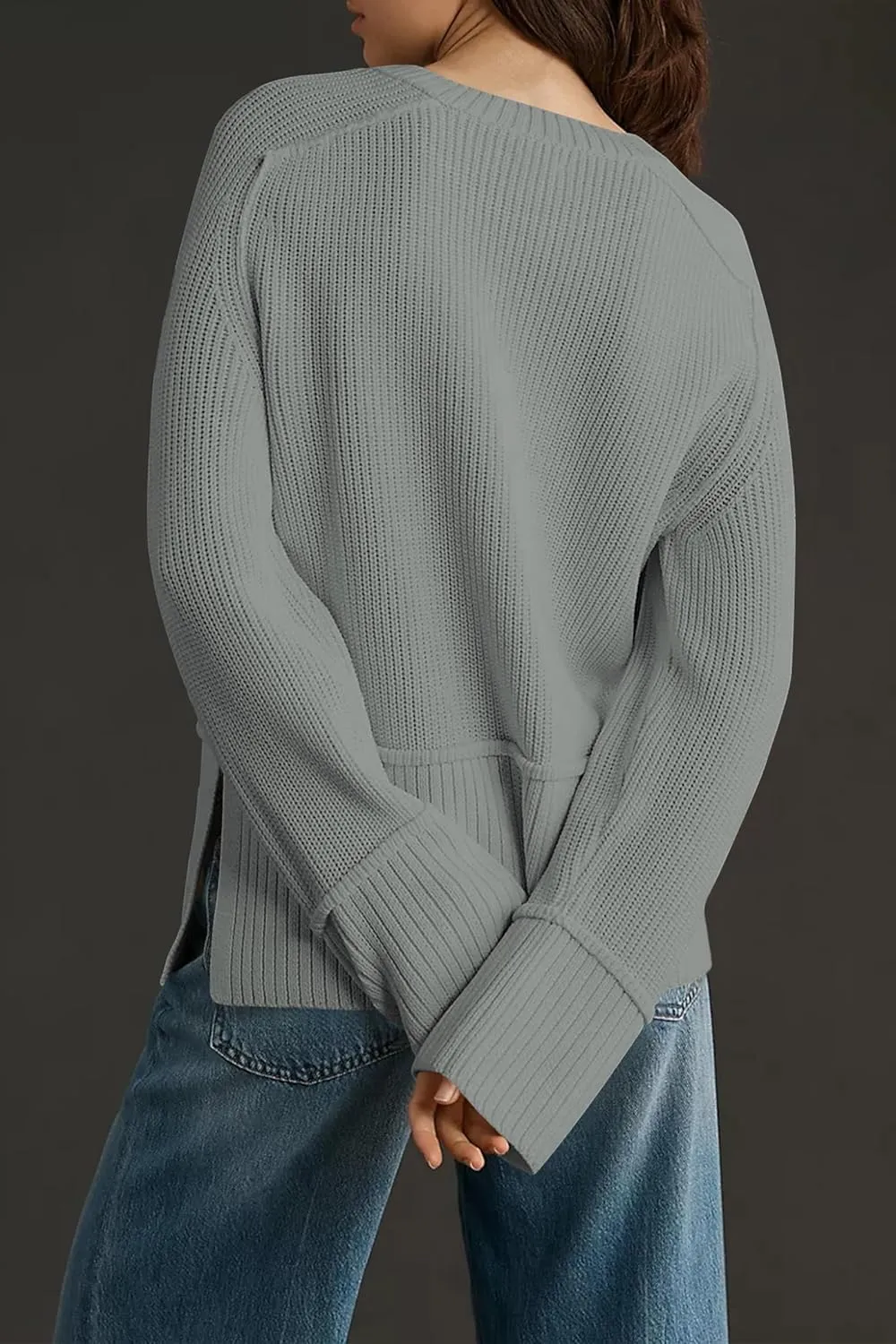 Cakulo Womens Fall 2025 Knit Crew Neck Pullover Sweaters Oversized Long Sleeve Split Casual Winter Ribbed Sweater