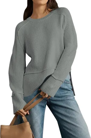 Cakulo Womens Fall 2025 Knit Crew Neck Pullover Sweaters Oversized Long Sleeve Split Casual Winter Ribbed Sweater