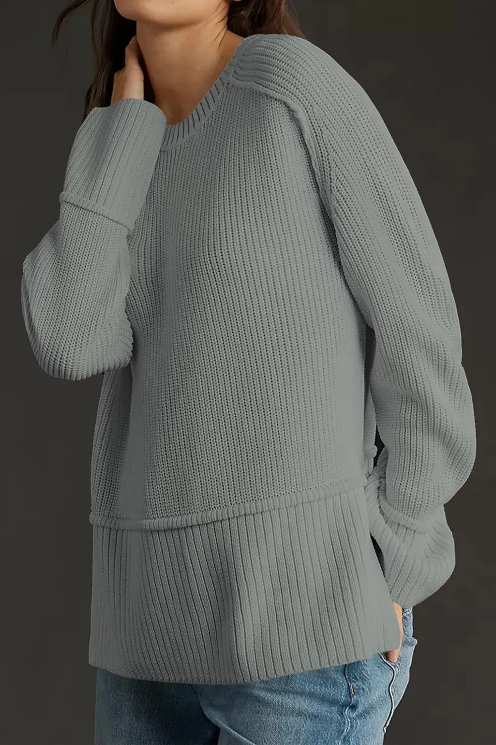 Cakulo Womens Fall 2025 Knit Crew Neck Pullover Sweaters Oversized Long Sleeve Split Casual Winter Ribbed Sweater