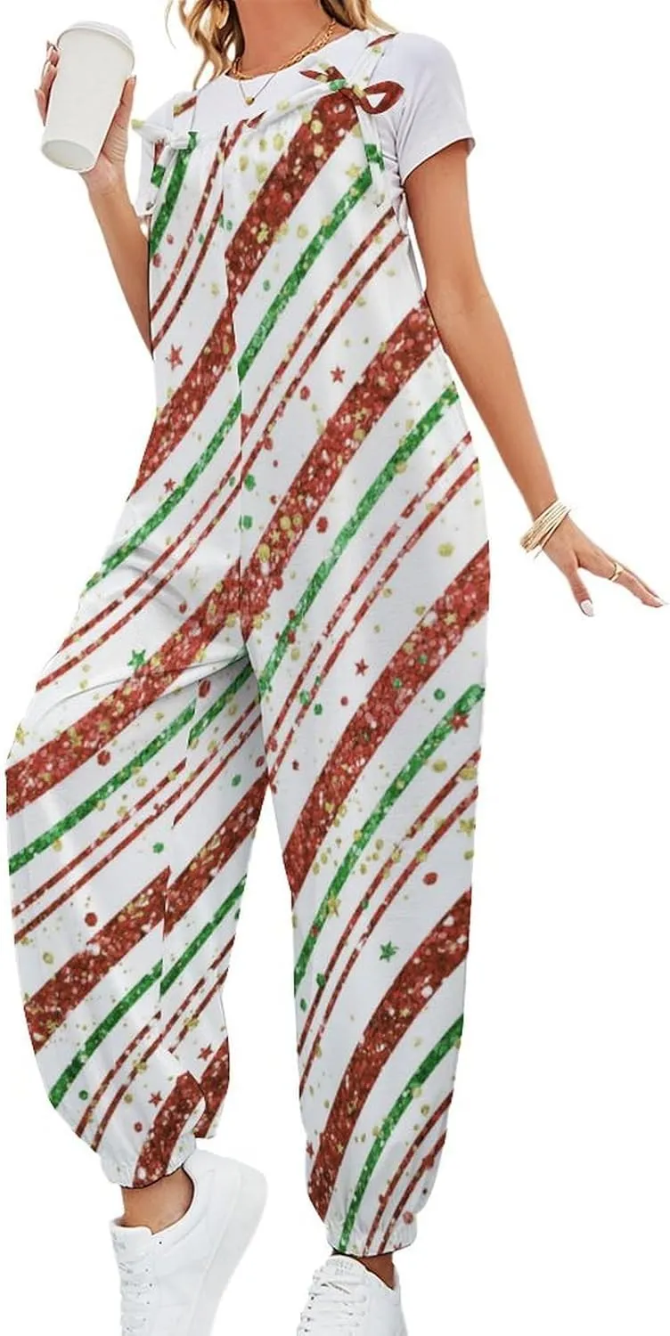 Candy Cane Stripes Jumpsuit Womens Sexy Slings Playsuits Casual Suspender Jumpsuits Loose Bow Shoulder Strap Rompers