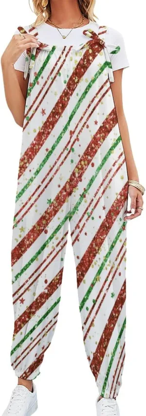 Candy Cane Stripes Jumpsuit Womens Sexy Slings Playsuits Casual Suspender Jumpsuits Loose Bow Shoulder Strap Rompers