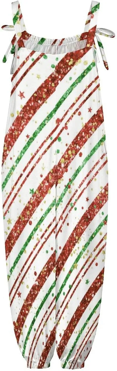 Candy Cane Stripes Jumpsuit Womens Sexy Slings Playsuits Casual Suspender Jumpsuits Loose Bow Shoulder Strap Rompers