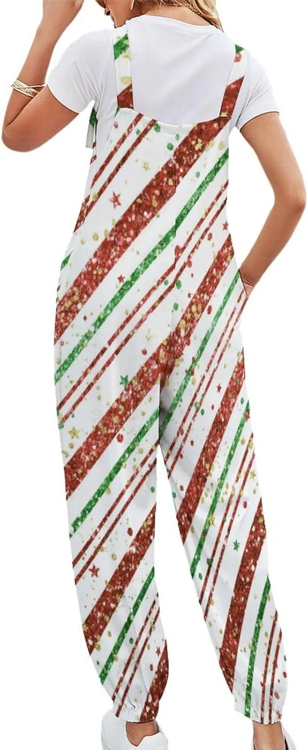 Candy Cane Stripes Jumpsuit Womens Sexy Slings Playsuits Casual Suspender Jumpsuits Loose Bow Shoulder Strap Rompers