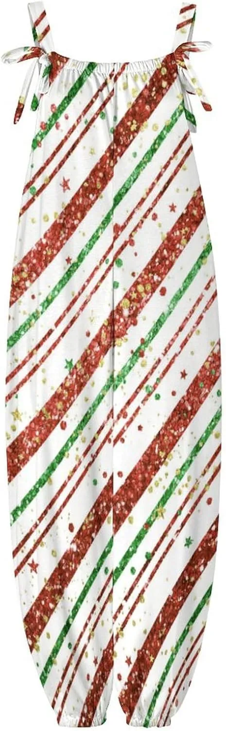Candy Cane Stripes Jumpsuit Womens Sexy Slings Playsuits Casual Suspender Jumpsuits Loose Bow Shoulder Strap Rompers