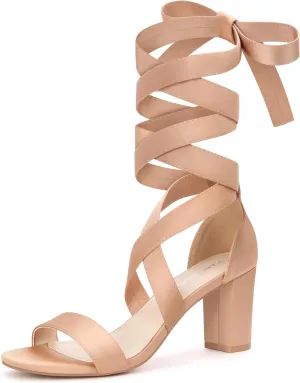 Carcuume Lace Up Strappy Heels - 3 Inch Bow Tie Block Thick Sexy Sandals for Women - Chunky Heel