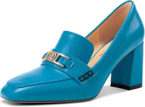 Castamere Mid Block Heels for Women Close Square Toe Slip-on Loafers Metal Buckle Office Casual Pumps 3.2 Inches Shoes