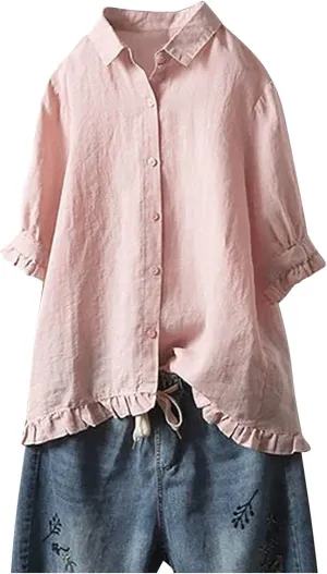 Ceboyel Women Button Down Linen Shirts Solid Summer Casual Blouses Ruffle Hem Flowy Tops Trendy Ladies Going Out Clothes 2023