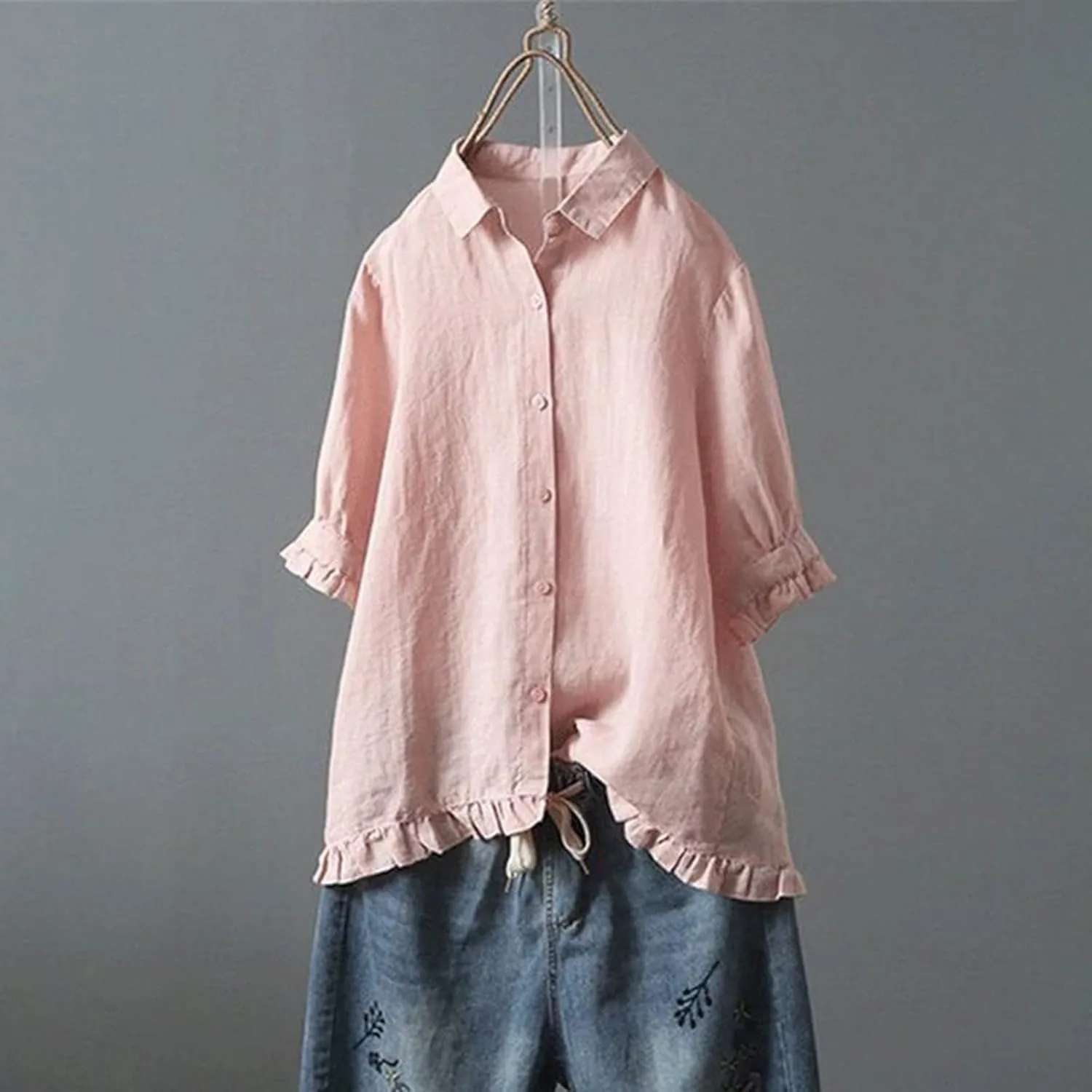 Ceboyel Women Button Down Linen Shirts Solid Summer Casual Blouses Ruffle Hem Flowy Tops Trendy Ladies Going Out Clothes 2023