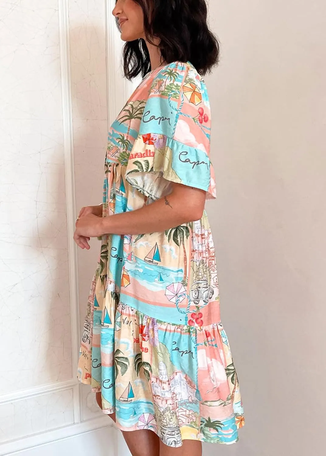 CHARTOU Women Puff Sleeve Short Dress Cotton Linen V Neck A Line Elastic High Waist Lace Up Vacation Dress